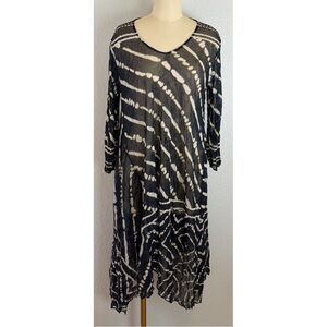 Vintage Lisa Bayne Crinkle Mesh Black/Cream  Long Sleeve Midi Dress Medium